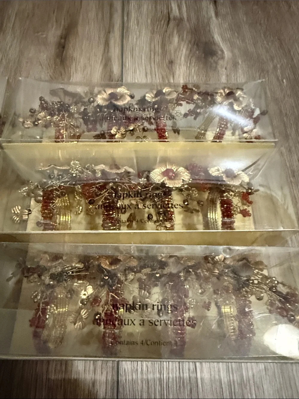 Pier 1 Gold and Red Beaded Metal Floral Napkin Rings - Set of 8  (3 total sets)